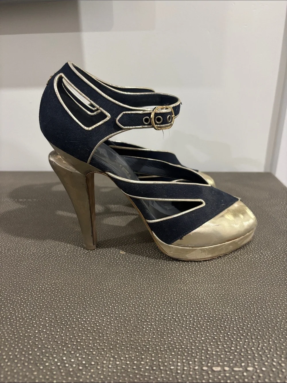 CHANEL Black and Gold Peep-Toe Platform Heels with Ankle Strap